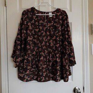 Time and Tru Women's XXL (20) Black Floral Tiered Peplum 3/4 Bell Sleeve Blouse
